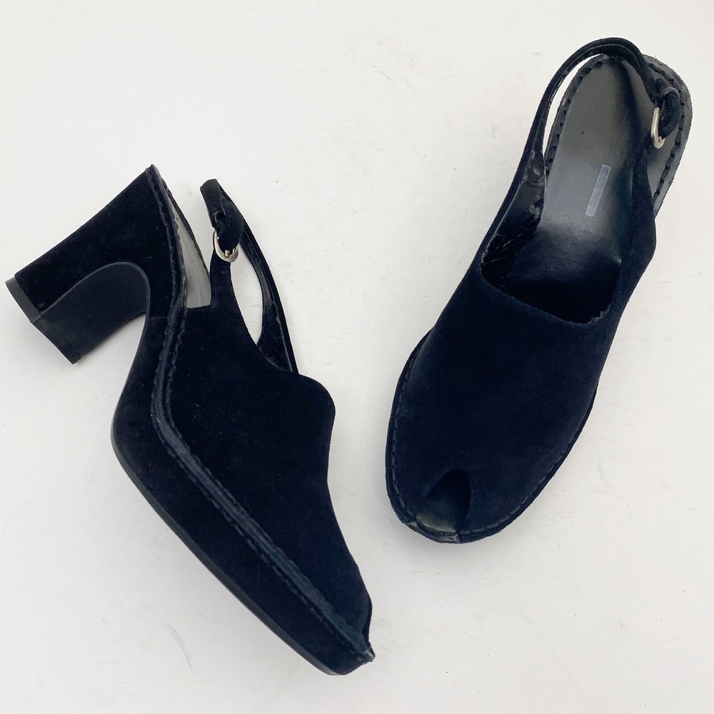 Linea Paolo Suede Peep Toe Platform Slingback Block Heel Pumps Womens 9.5N Black